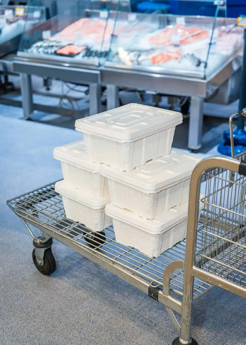 Fiber Box containers stacked on a cart in a cold-chain retail environment