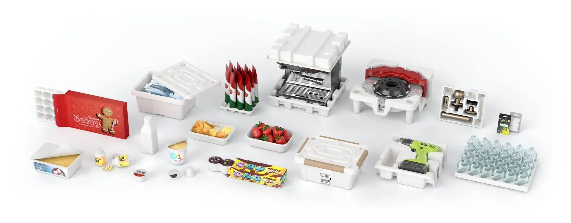 Collage of PAPACKS molded fiber packaging formats and product applications